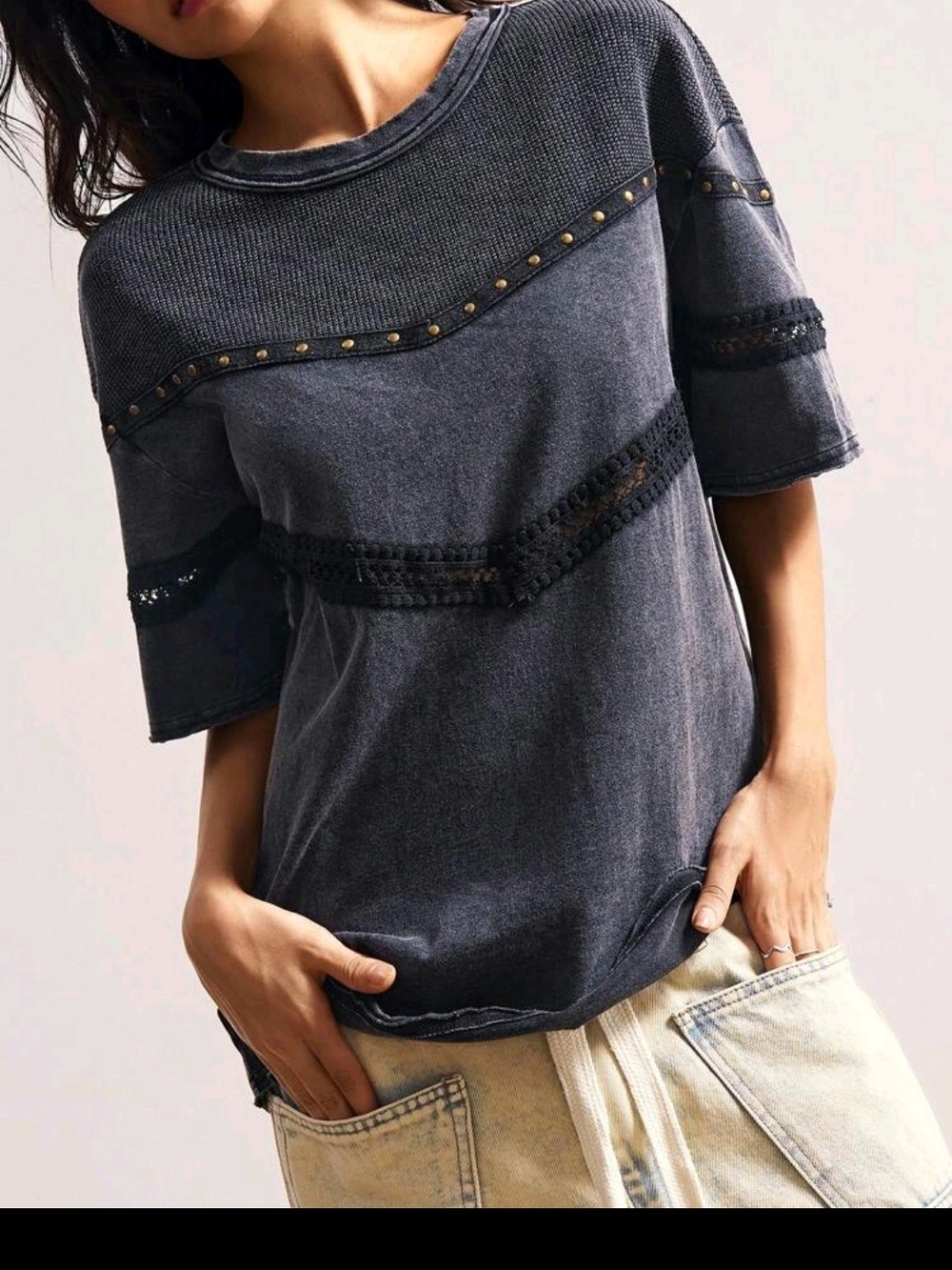 Washed Charcoal Short-Sleeve Women's Sweater with Stud & Lace Trim